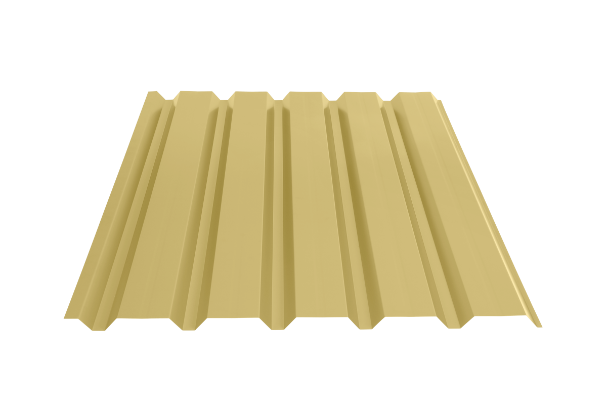 VP35 trapezplade Gul Ral 1002, 0,50mm 7 stk. B 1,00 x L 3,00 meter = 21 m² 1 | Tag- og stålplader med op til 20 års garanti. Mindre kosmetiske fejl kan forekomme, det påvirker ikke pladernes kvalitet eller holdbarhed. | Profil Tech VP35 GUL RAL 1002